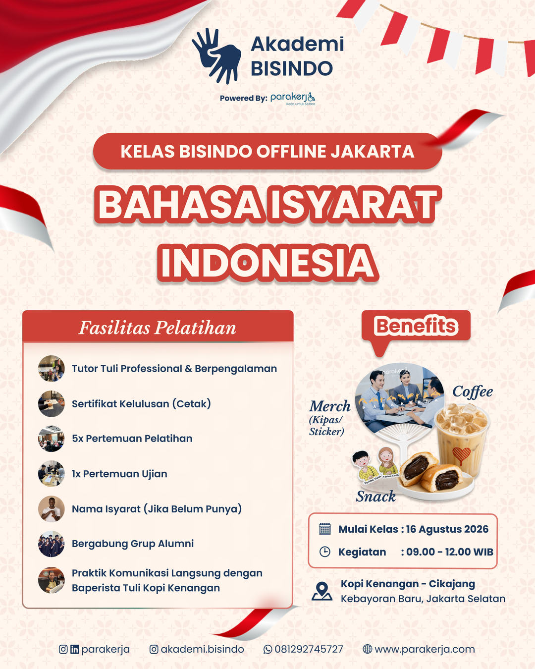 Poster Kelas BISINDO Offline Jakarta batch Agustus 2026 oleh Akademi BISINDO Parakerja