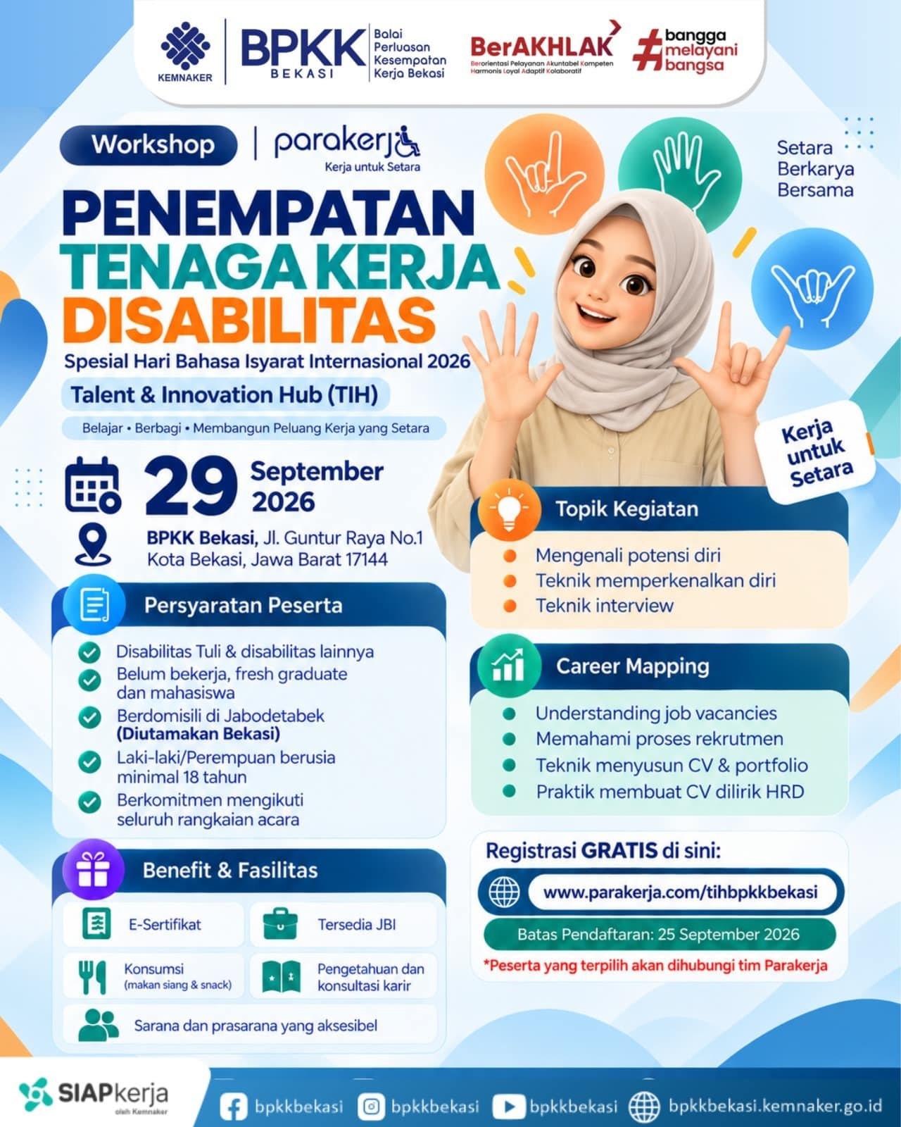 Poster Workshop Penempatan Tenaga Kerja Penyandang Disabilitas Talent & Innovation Hub (TIH) BPKK Bekasi Tahun 2026
